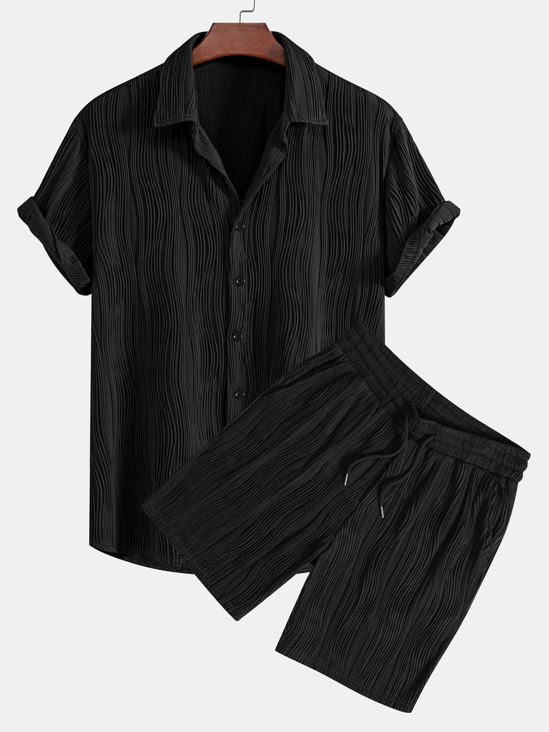 Wavy Texture Button-Up Shirt & Shorts