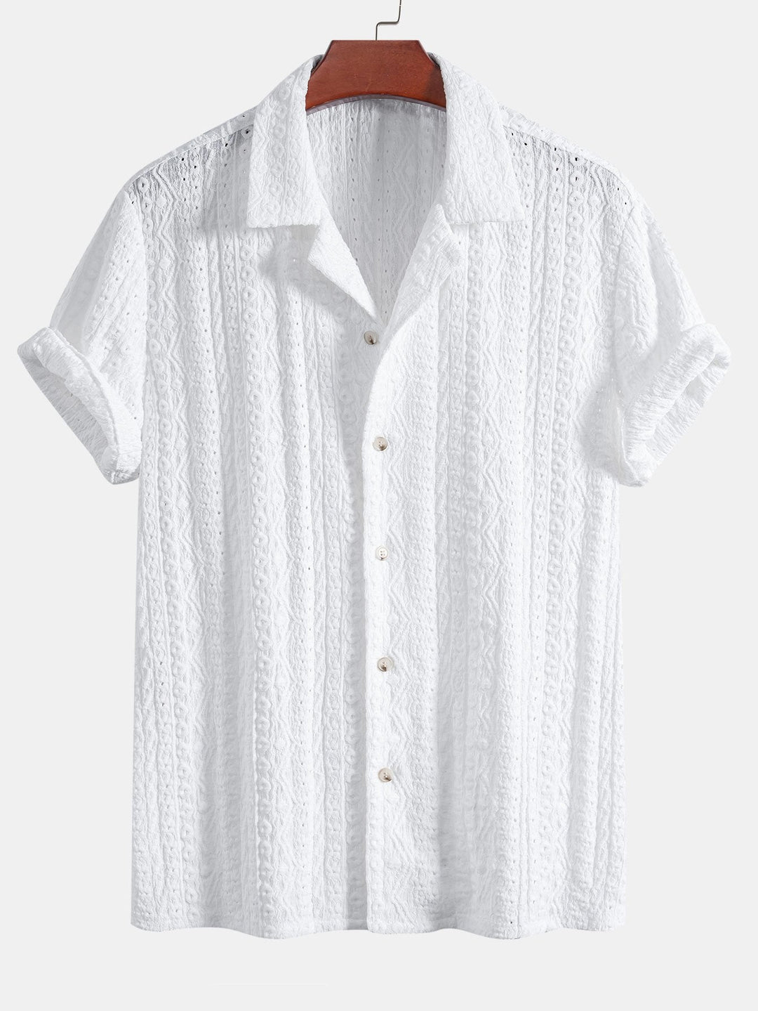 Geometrisch Jacquard Textuur Cubaanse Shirt & Rechte Pijpen Linnen Broek