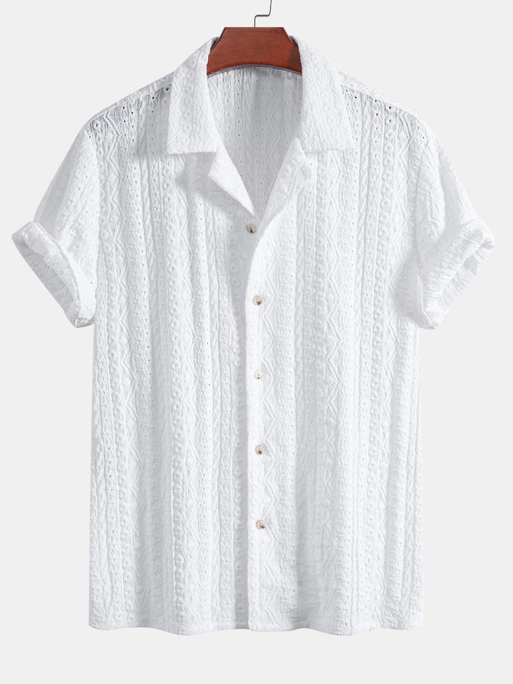 Geometrisch Jacquard Textuur Cubaanse Shirt & Rechte Pijpen Linnen Broek