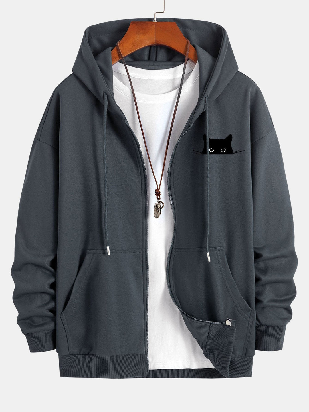 Zwarte Kat Print Relax Fit Zip Hoodie