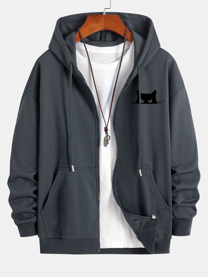 Zwarte Kat Print Relax Fit Zip Hoodie