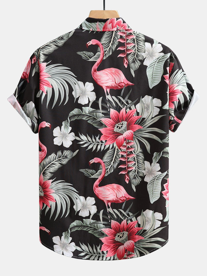 Flamingo Bloemprint Overhemd met Knopen & Zwemshorts