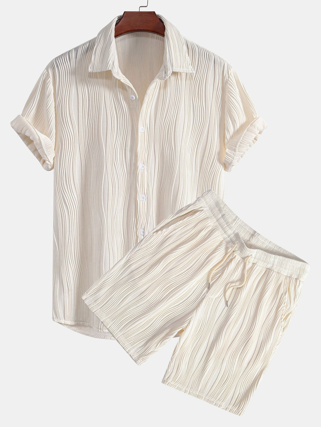 Wavy Texture Button-Up Shirt & Shorts
