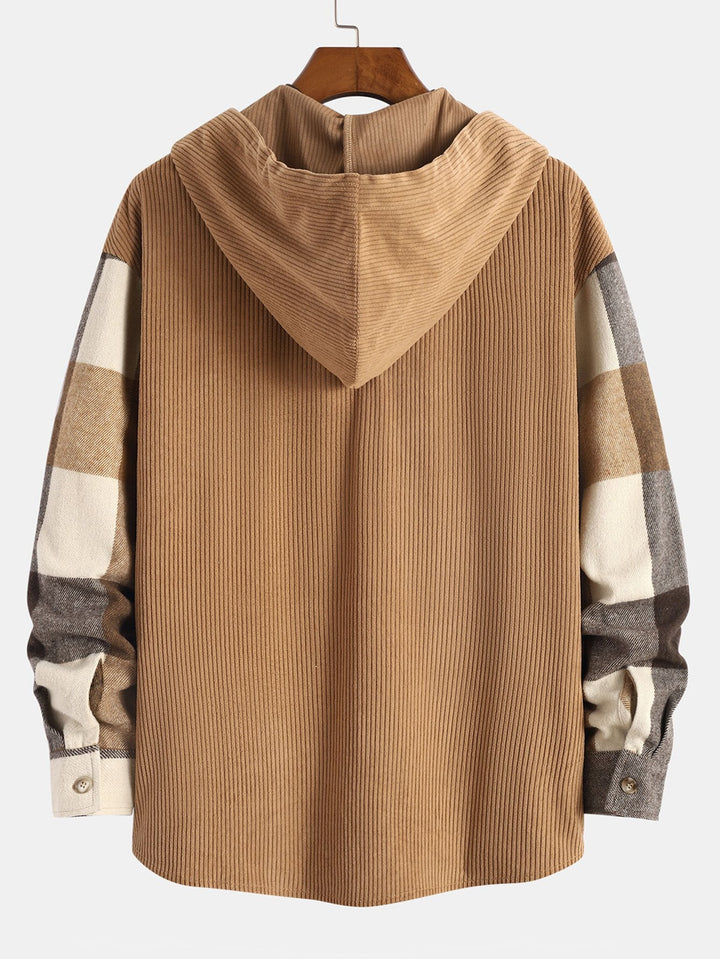 Relax Fit Flannel Ruit Corduroy Patchwork Hoodie Shirt & Rechte Pijpen Corduroy Broek