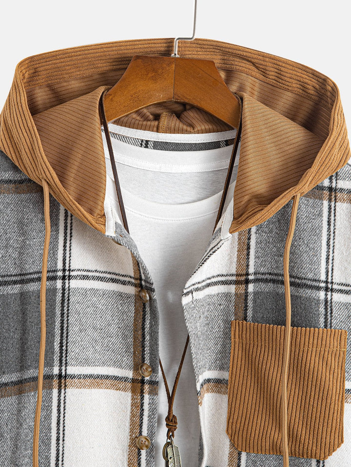 Relax Fit Contrast Corduroy Geruite Hoodie Shirt