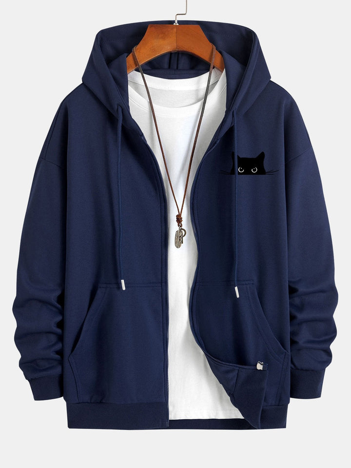 Zwarte Kat Print Relax Fit Zip Hoodie