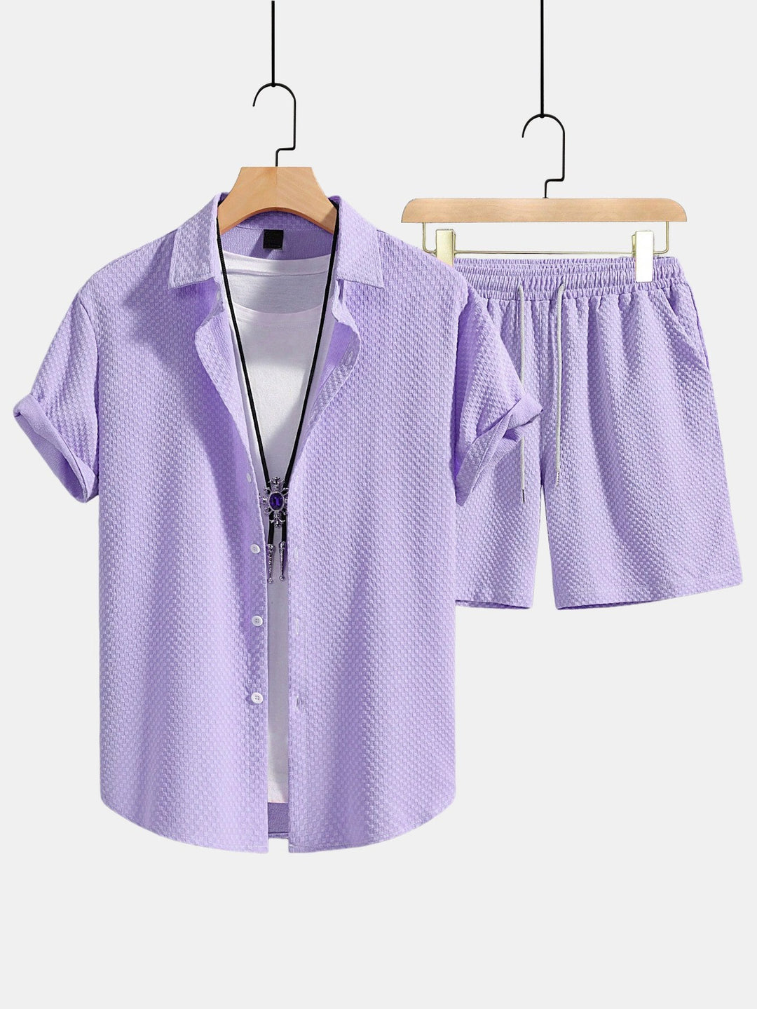 Crossed Texture Button-Up Shirt & Drawstring Shorts