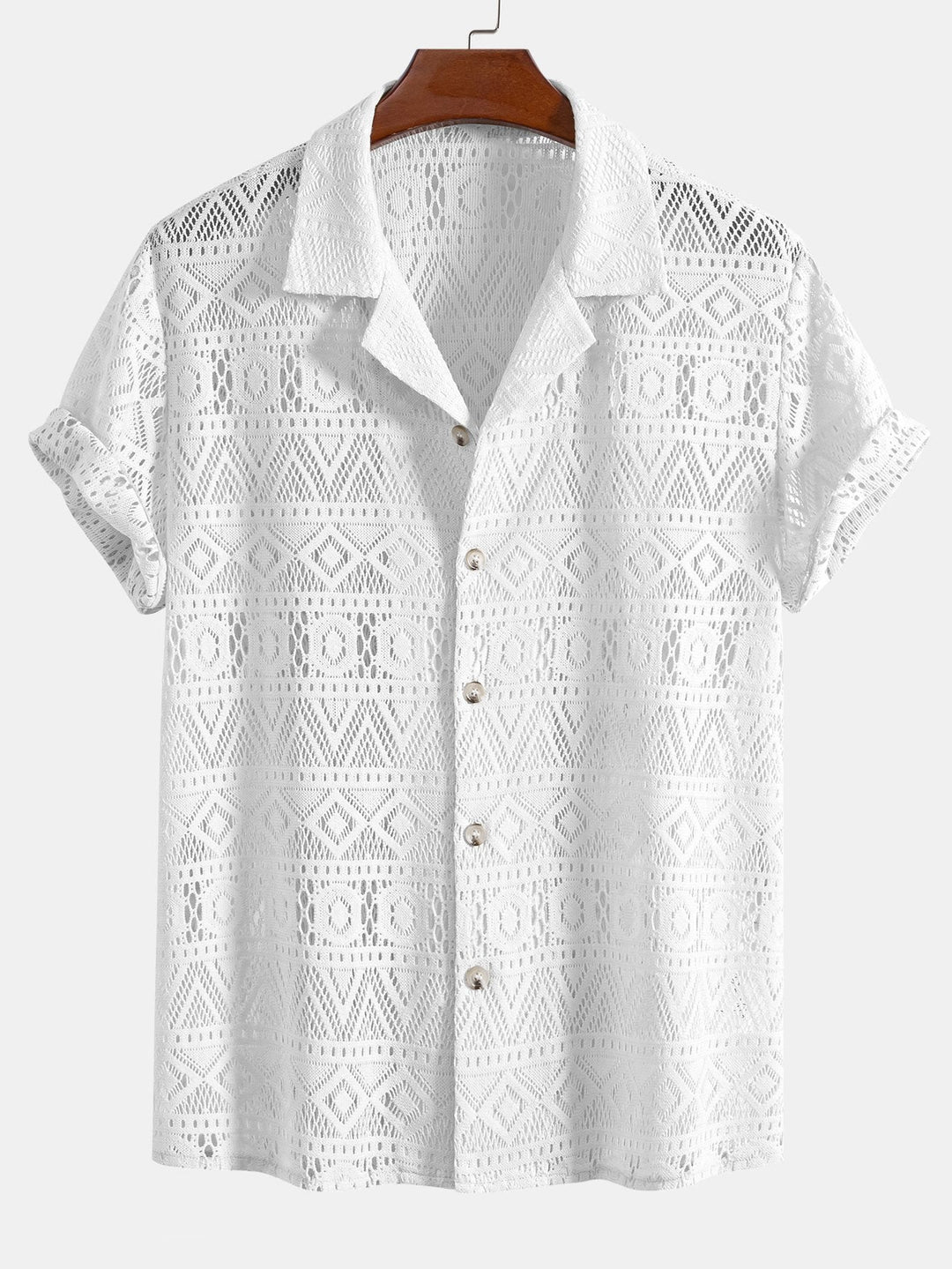 Korte Mouwen Geometrisch Textuur Cuban Shirt & Rechte Linnen Broek
