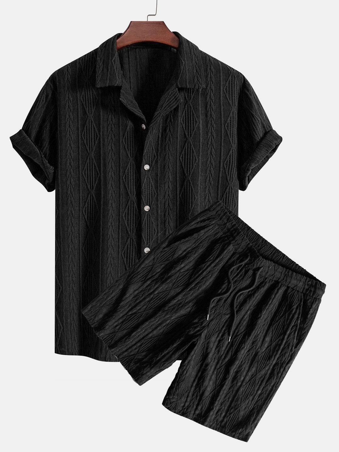 Geometrisch Jacquard Cubaanse Shirt & Textuur Shorts Met Voering