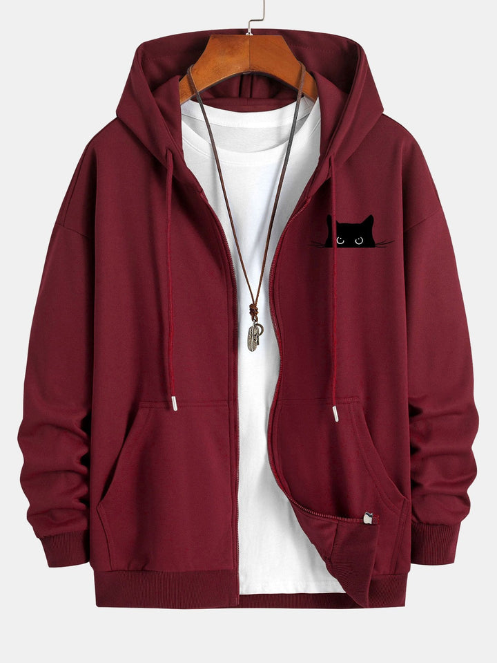 Zwarte Kat Print Relax Fit Zip Hoodie