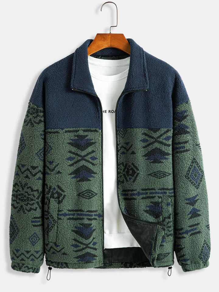 Azteekse Print Patchwork Teddy Fleece Jas