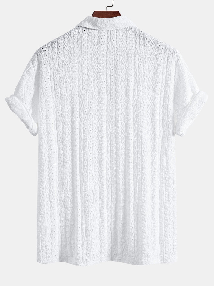 Geometrisch Jacquard Textuur Cubaanse Shirt & Rechte Pijpen Linnen Broek
