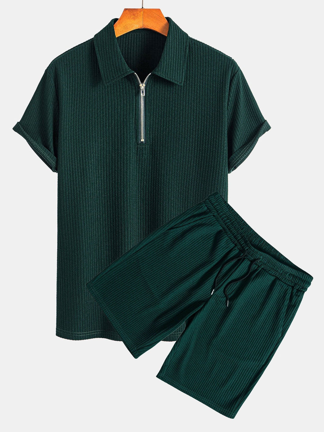 Muscle Fit Ribbed Half Zip Polo Shirt & Shorts