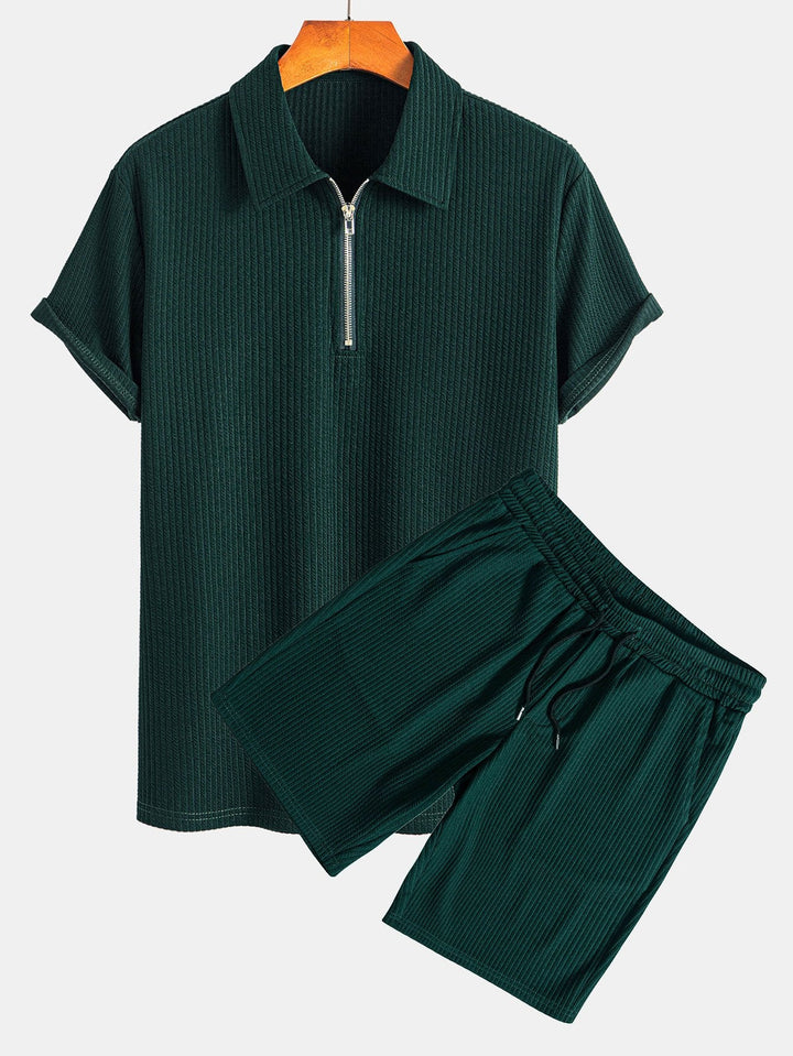 Muscle Fit Ribbed Half Zip Polo Shirt & Shorts