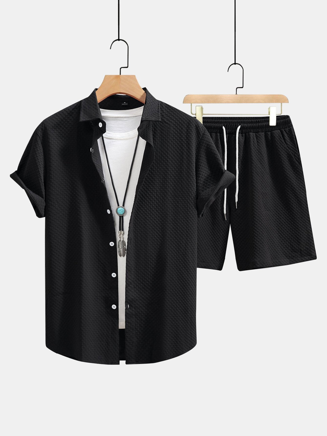Crossed Texture Button-Up Shirt & Drawstring Shorts