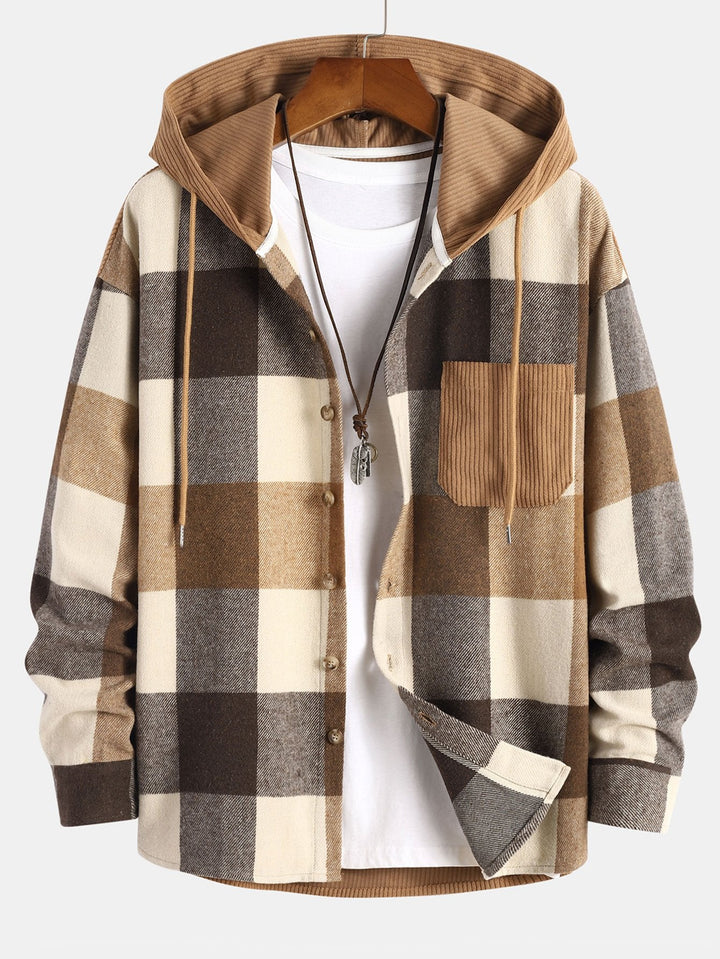 Relax Fit Flannel Ruit Corduroy Patchwork Hoodie Shirt & Corduroy Cargo Jogger Broek